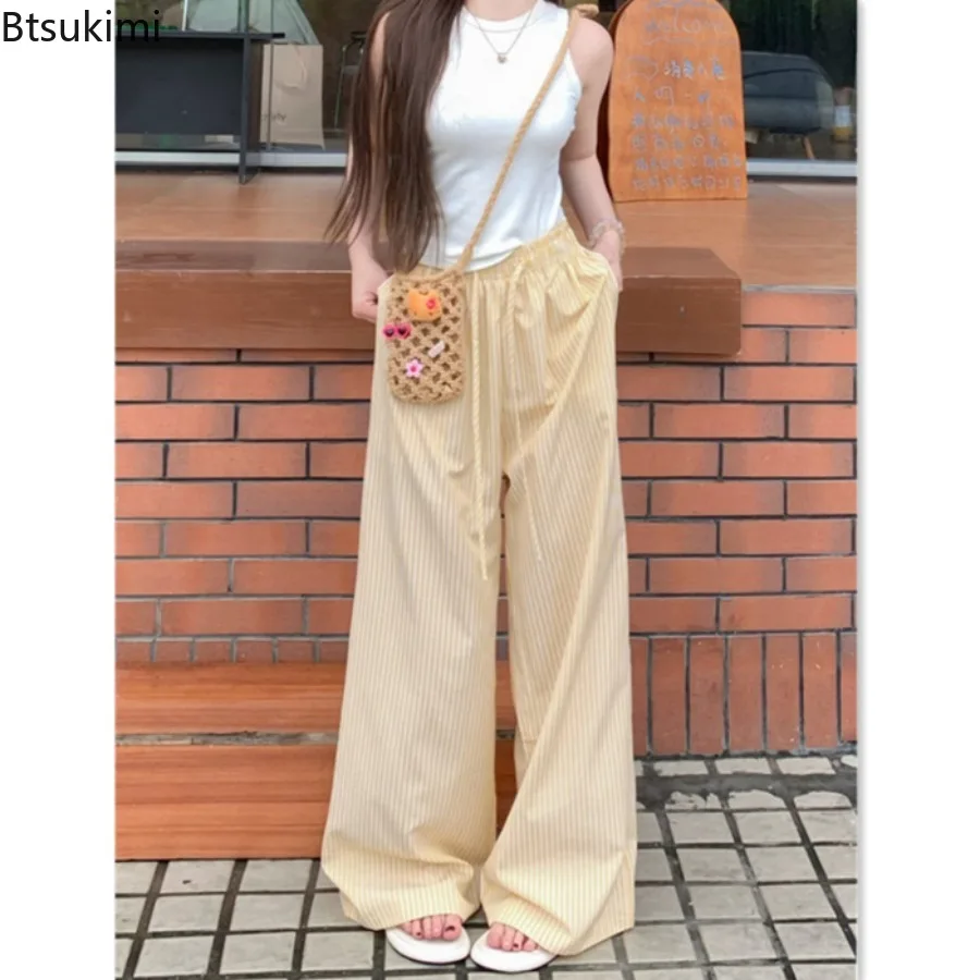 2026 Women's Korean Striped Pockets Full Length Pants Spring Summer Thin High Waist Drawstring Loose Casual Straight Trousers