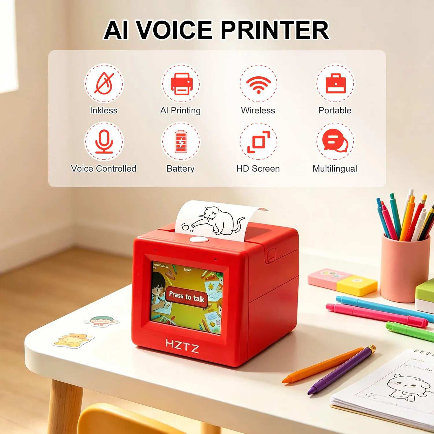 Smart Portable Printer, AI Voice Command, Touch Screen, Inkless Thermal, for Travel & Home