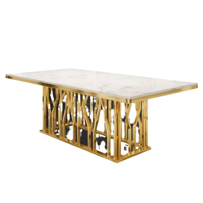 

Stainless steel creative dining table and chair combination modern simple restaurant rock slab dining table light luxury