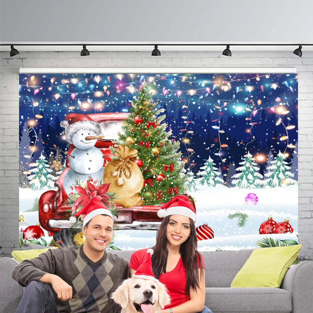 Merry Christmas Backdrop Outdoor Winter Snowman Santa Claus Retro Truck Xmas Tree Forest Gift Decor Family Portrait Background