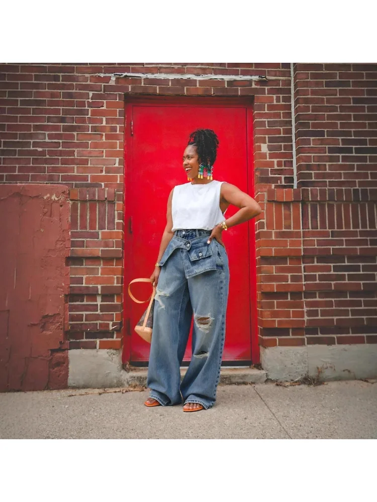 Vintage Ripped Straight Jeans Women Loose Double Waist Spliced Hip Hop Trend Distressed Washed Denim Wide Leg Pants Streetwear