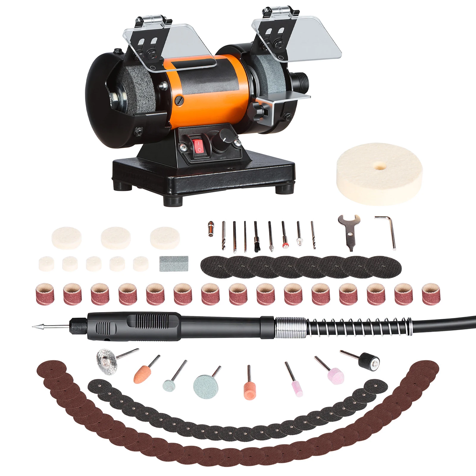 Bench Buffer Polisher, 8300-10600 RPM Adjustable Speed, 100-Piece Accessory Kit, Polishing & Buffing Machine with Grinding, Fiber, and Wool Wheels, Wood, Metal, Raw Stone, Jade DIY
