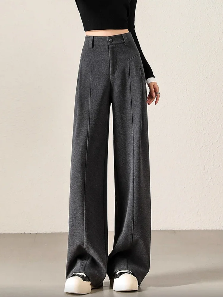 Wełniane spodnie z szerokimi nogawkami damskie, ocieplane, jesienno-zimowe, proste spodnie do pracy, wysoki stan, zamek błyskawiczny, jednolity kolor.