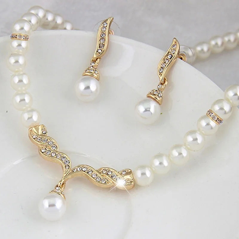 Creative Gold Color Necklace + 1 Pair Earrings Wedding Bridal Pearl Jewelry Set For Women Lady Female