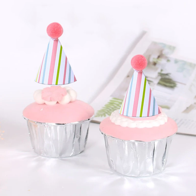 Mini Cake Hats Happy Birthday Cake Toppers Felt Ball Conical Cap Cupcake Topper Birthday Party Baby Shower Dessert Decoration