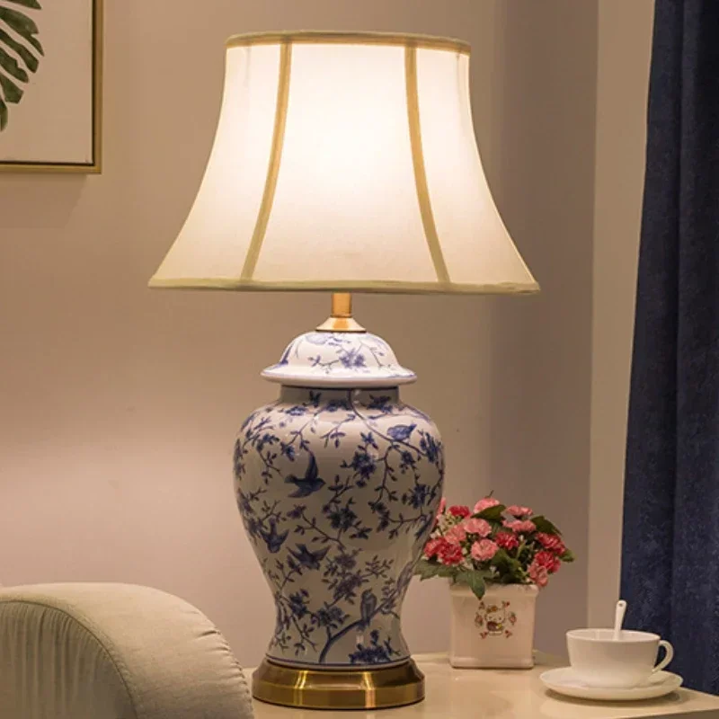 

SANDYHA Elegant Chinese Ceramic Table Lamp LED Night Light for Bedroom Living Room Study Decor Stylish Fabric Design