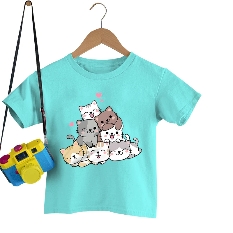 

Cute Cats Print T-shirts Children Girls Summer Fashion T-shirt Casual Cute Cat Short Sleeve T-shirts Funny Girls Print T-shirts