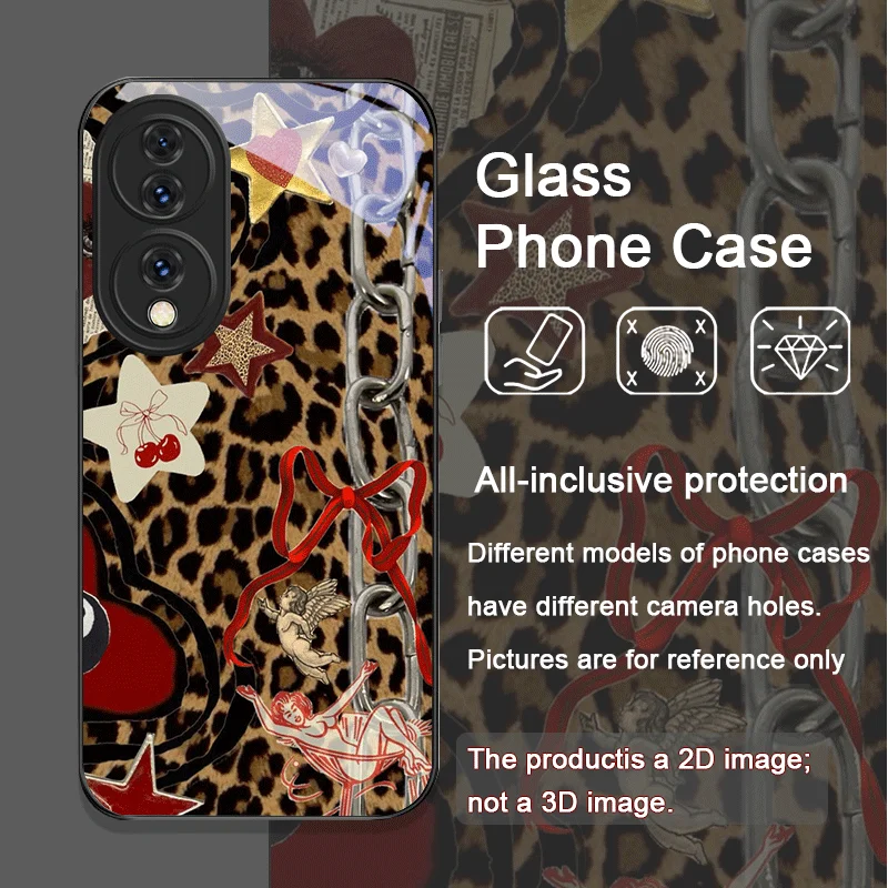 Casing Handphone Kaca Temper Motif Leopard Strawberry Bow untuk Huawei Honor 200 Lite 100 300 Pro 90 GT X8 4G X9 Magic 7 6 5Pro