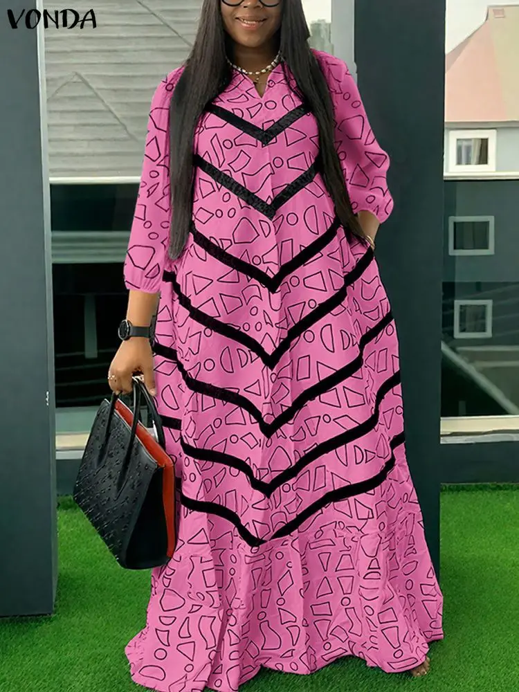 플러스 사이즈 5XL VONDA 보헤미안 드레스 여성 가을 롱 맥시 로브 프린트 러플 파티 우아한 3/4 소매 캐주얼 루즈 드레스