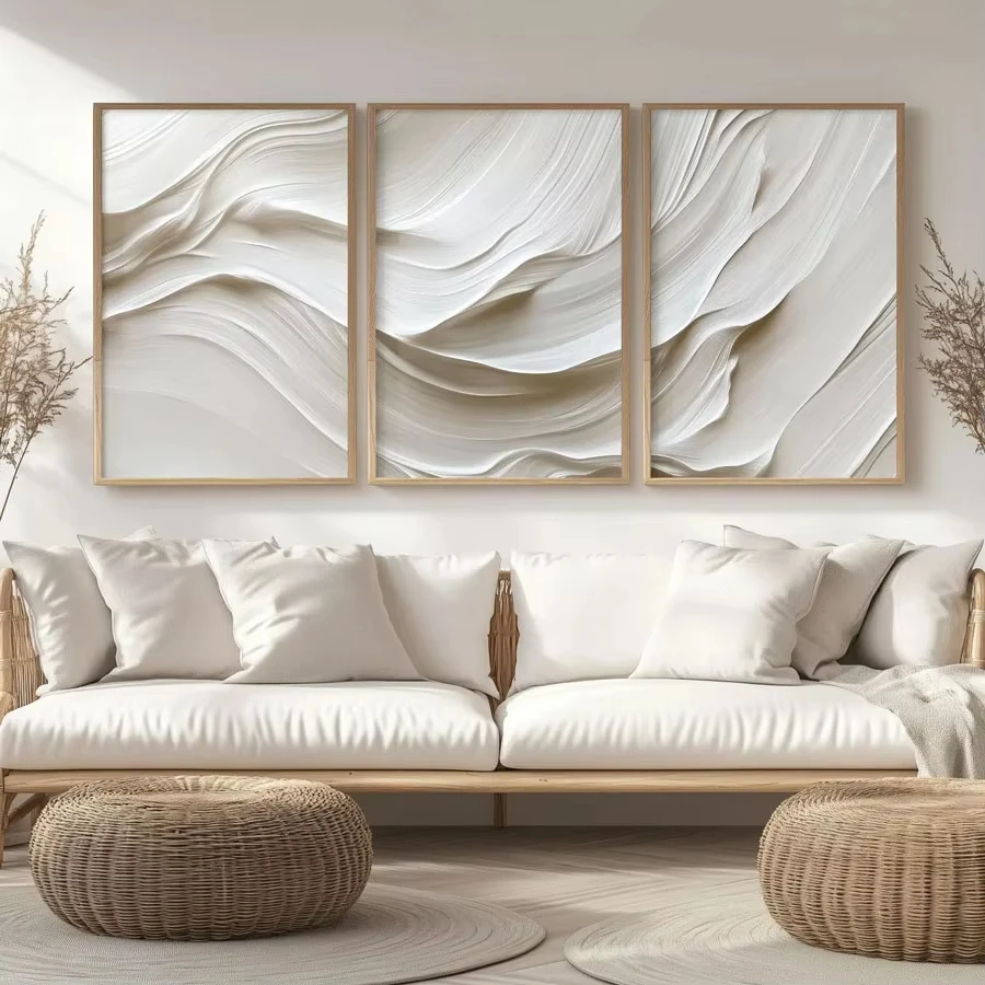 3-piece Set of Beige Soft Tone Minimalist Wave Wall ArtCanvas Painting AbstractPosters and Prints LivingRoom Decoration Pictures