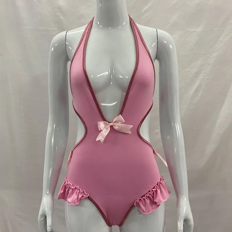 Pink Halter Cut Out One Piece Swimsuit Women Bow Ruffle Deep V Slim Beach Monokini Bodysuit