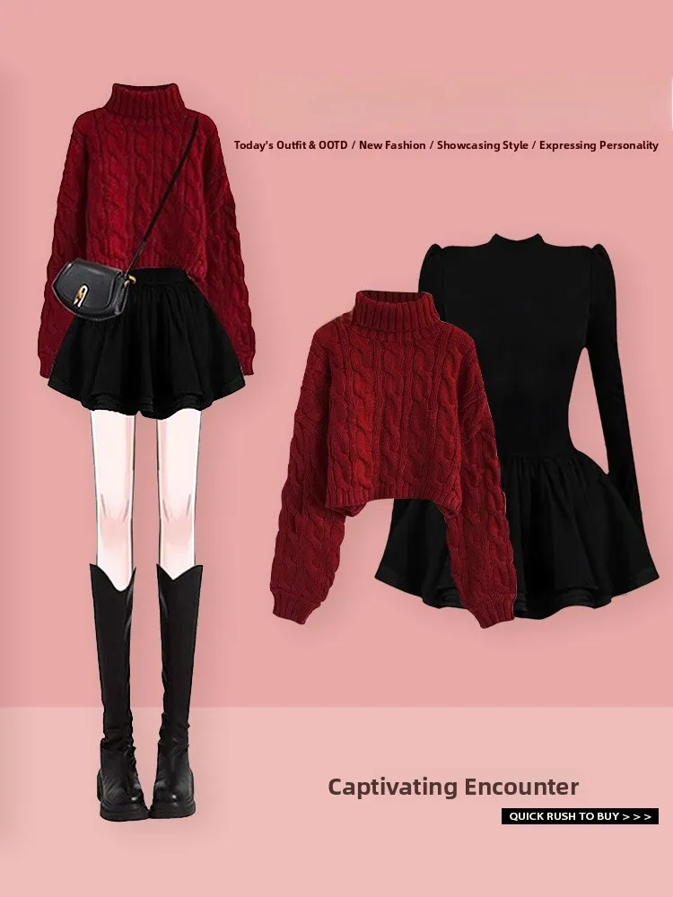 Set di due pezzi di maglione e gonna twist a collo alto coreano Sle per donna Completo invernale Faionable Ele