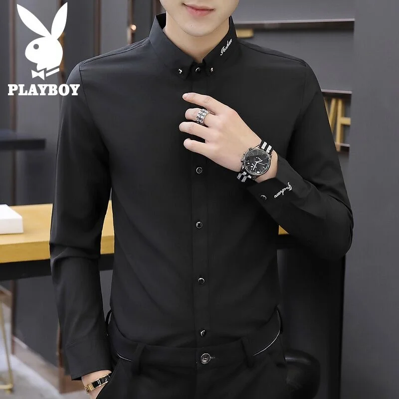 

Black Long Sleeve Casual Shirt for Men Spring 2024 New Style Commute Inner Wear Brand Polyester Fiber Anti-Wrinkle