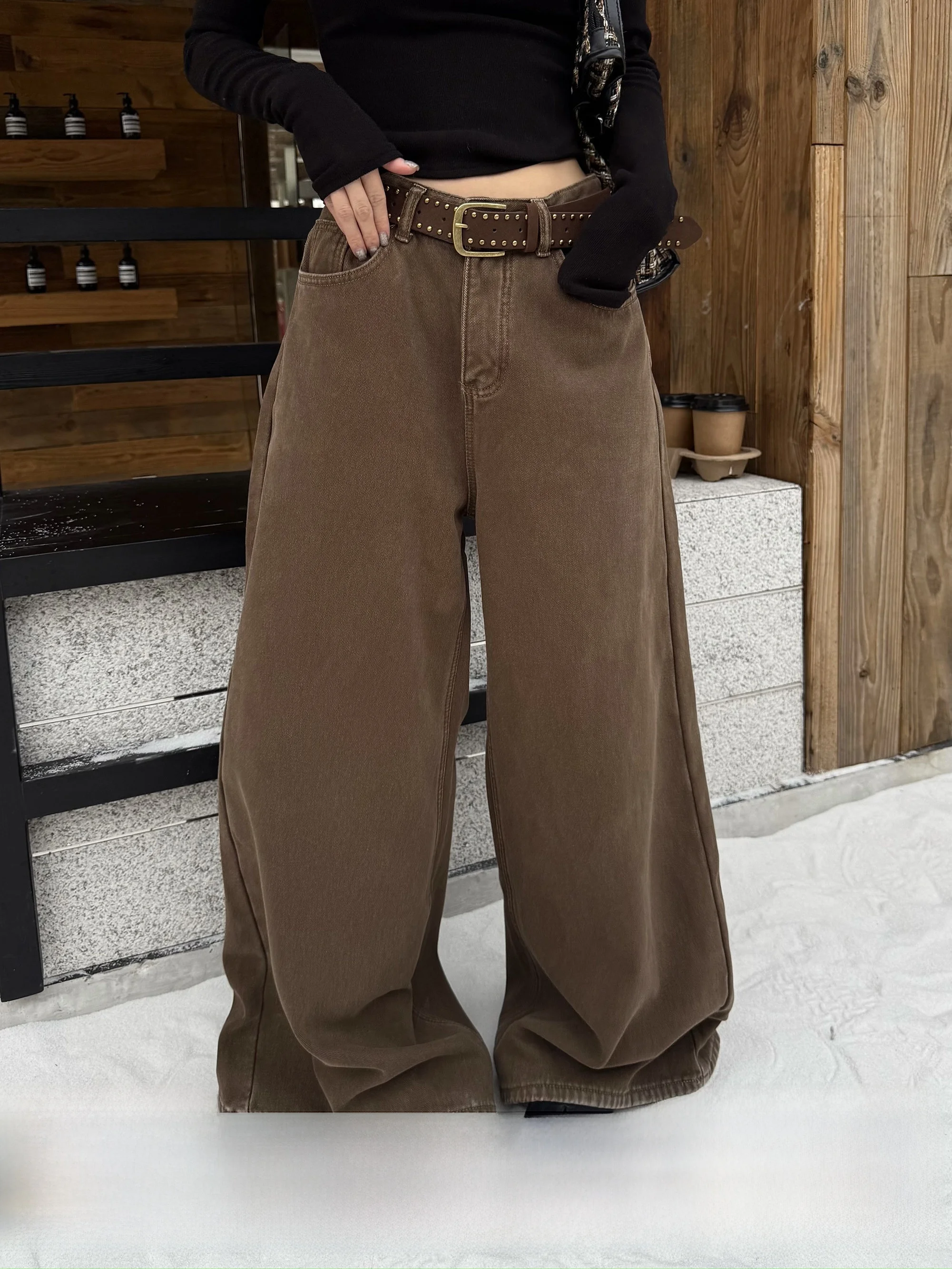 

Low Waist Fce Lined Thiened Retro Denim Pants Women Casual Loose Wide Leg Long Trousers Autumn Winter New Sle American...