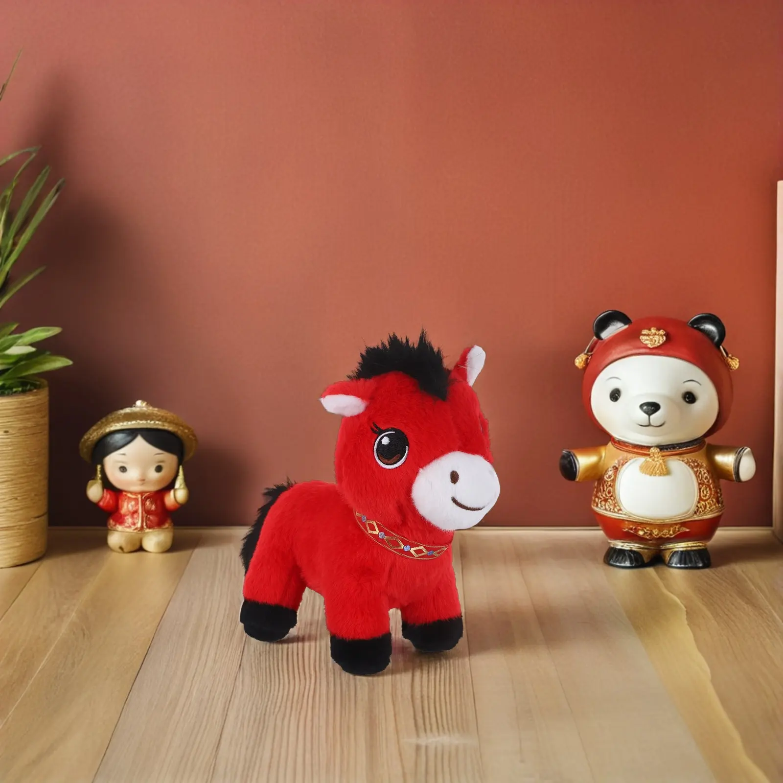 Rotes Plüsch-Pferd als Jahresmaskottchen für Mondneujahr, Tischdekoration, Segensornament, Tierkreisfest und Frühlingsfest