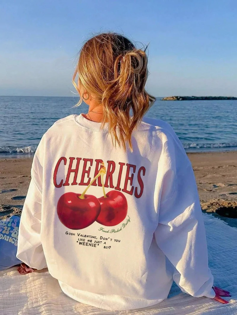 Sudaderas informales con estampado gráfico de cerezas para mujer, de cuello redondo sudaderas con capucha, jerséis cálidos y cómodos, ropa de calle