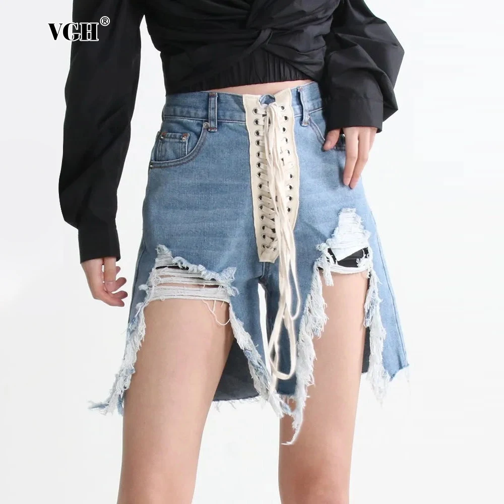 

VGH Patchwork Bandage Denim Shorts For Women High Waist Irregular Hem Streetwear Loose Short Trousers Female Summer Fashion New