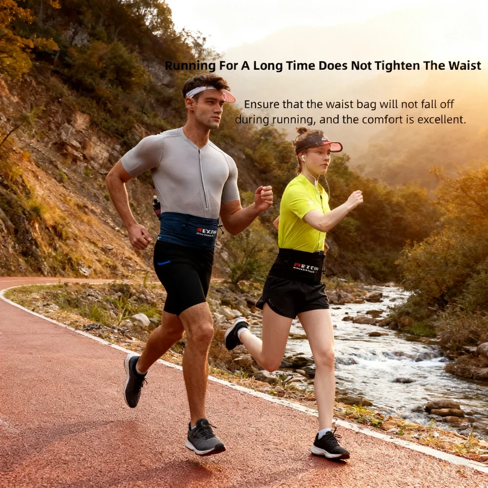 حقيبة خصر رياضية مضغوطة خفيفة الوزن للاستخدام الخارجي من REXCHI باللون الأسود، حزام خصر رياضي مضغوط على الوجهين لمارثون