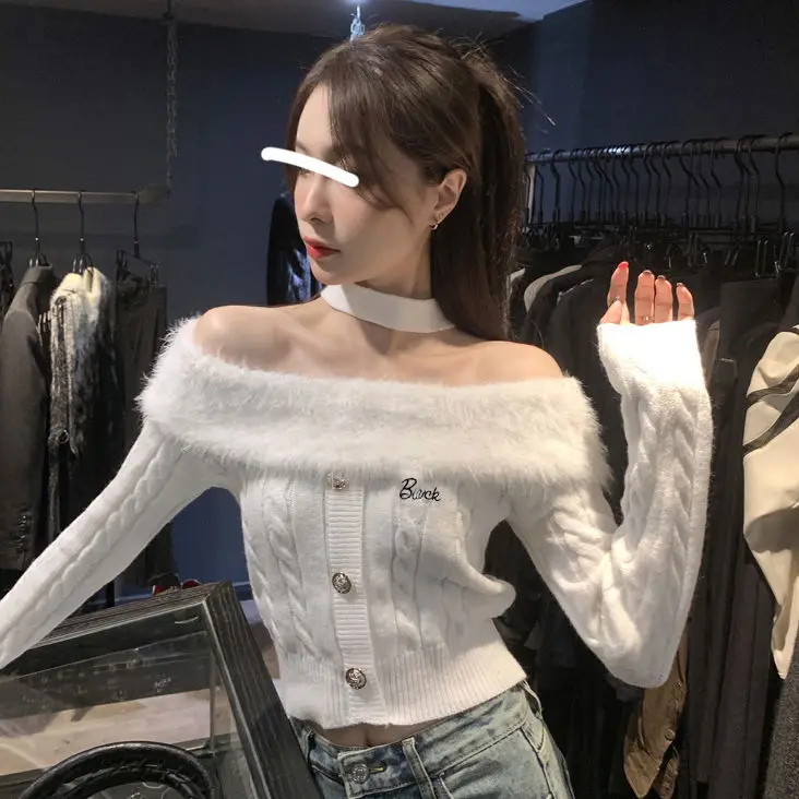 

​​Sweet Spicy Halter Neck Crochet Top Women 2025 Spring Slim Fit Boat Neck Long Sleeve Stretch Knit Essential Bodycon Shirt​​