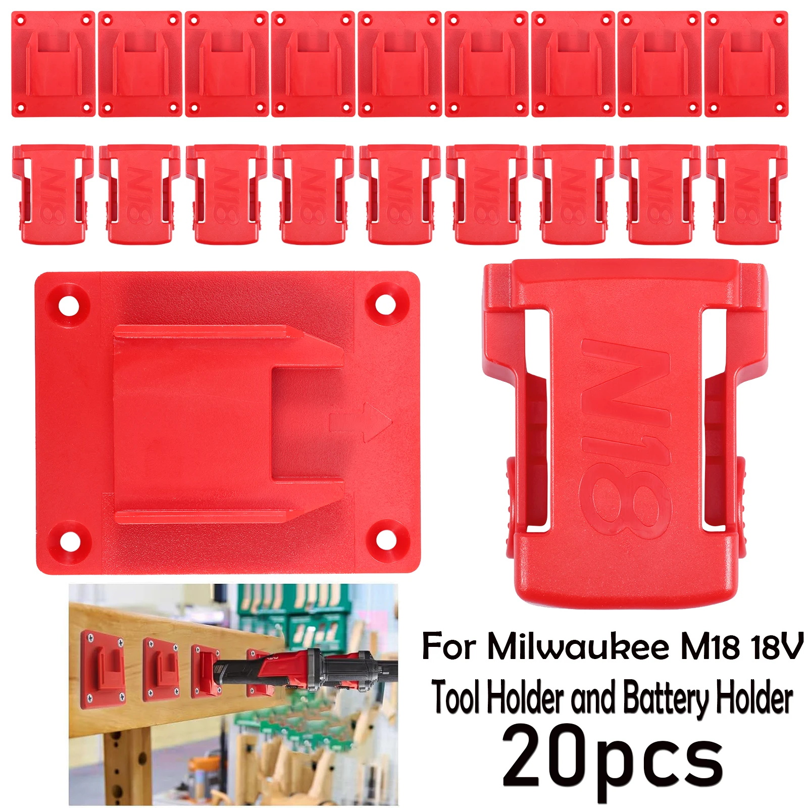 20pcs Tool Holders and Battery Holder for Milwaukee M18 18V Wall Mount Hanger Battery Drill Tool Storage Shelf with Screws