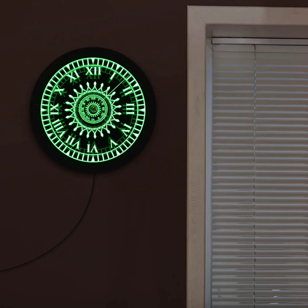 ماندالا زهرة تصميم غرفة المعيشة جدار ديكور LED النيون مضاءة ثلاثية الأبعاد ساعة حائط مع الأرقام الرومانية نمط هندسي الروحي