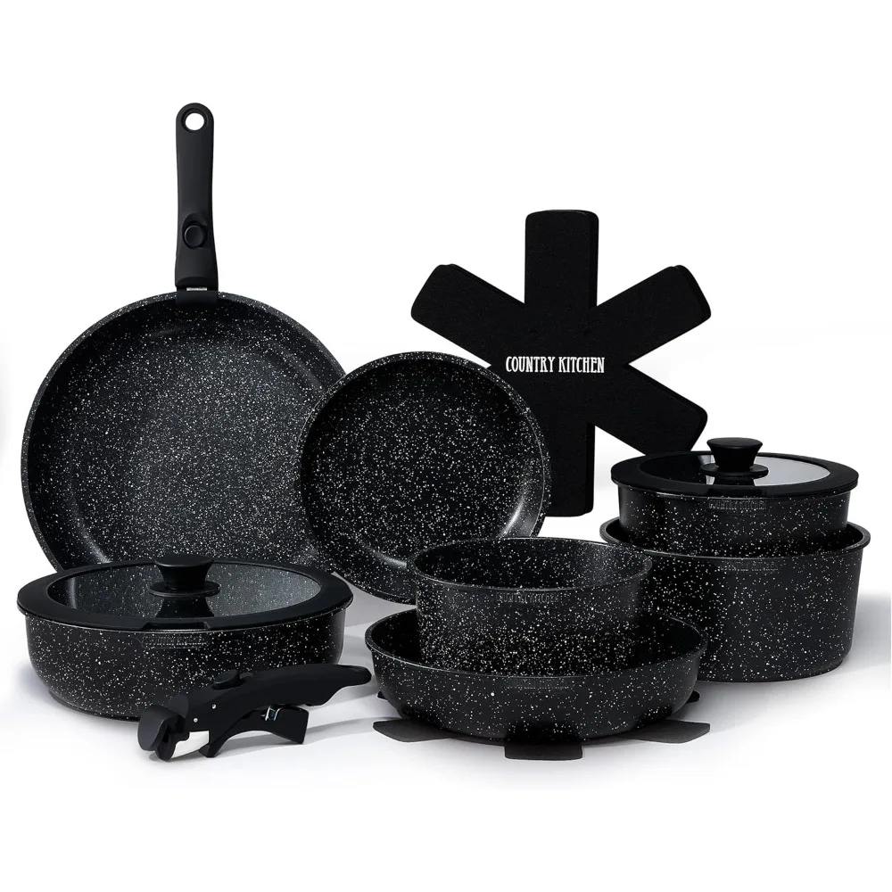 

15 Piece Pots and Pans Set - Safe Nonstick Kitchen Cookware with Removable Handle, RV Cookware Set, Oven Safe