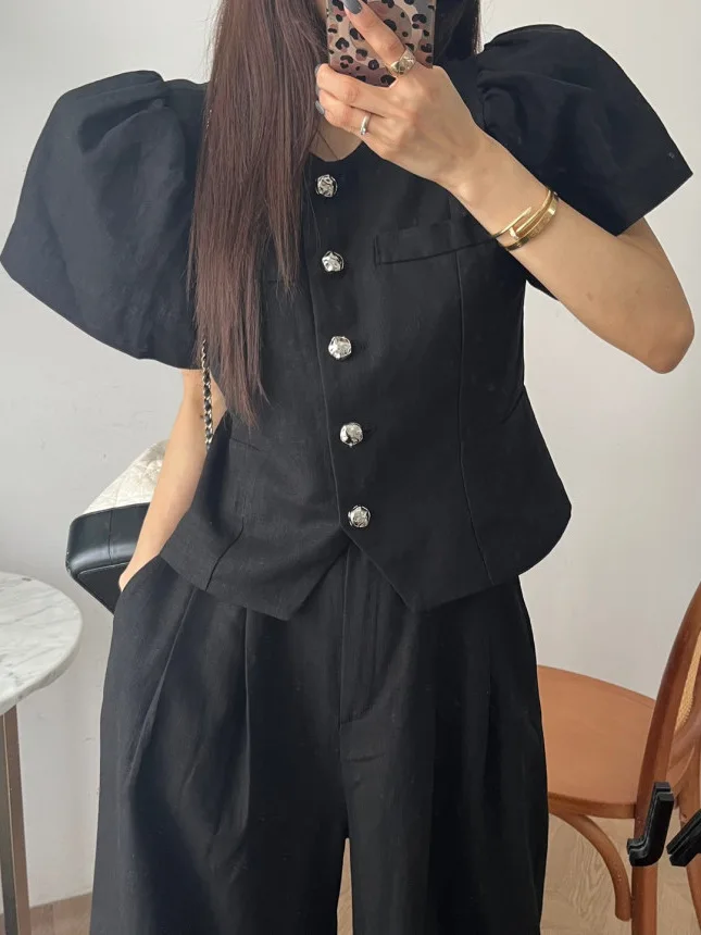 

Cotton Linen Bubble Sve irt Top Women round Ne Waist Slimming Two Button Elastic Waist Wide Leg Pants Set