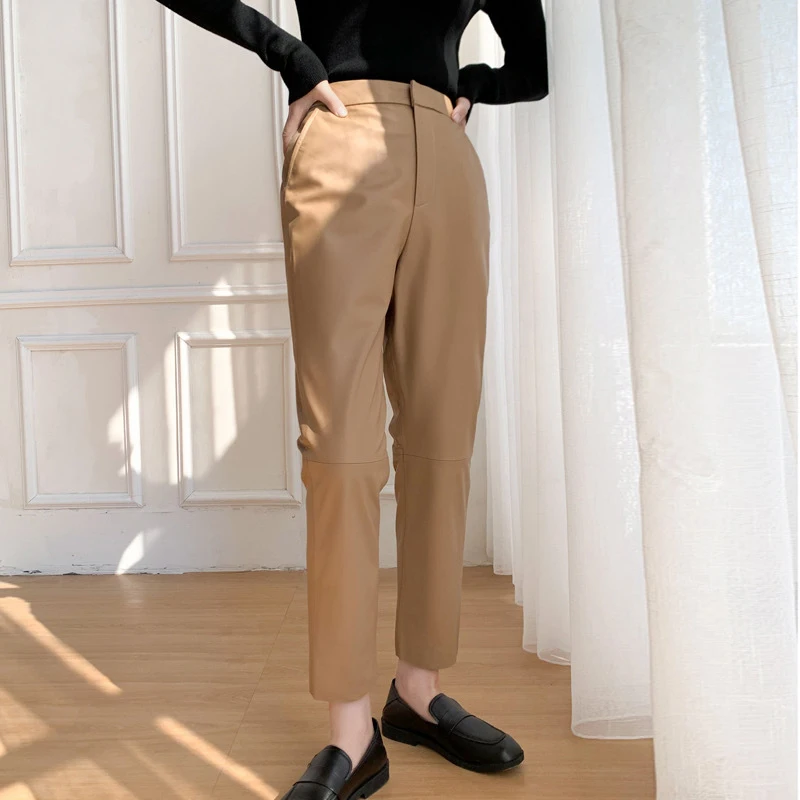 2024 Fall Lambskin Harem Pants Women's Ankle-Length Pants Elastic Waist Slim Office Ladies Genuine Leather Casual Pants S-2XL