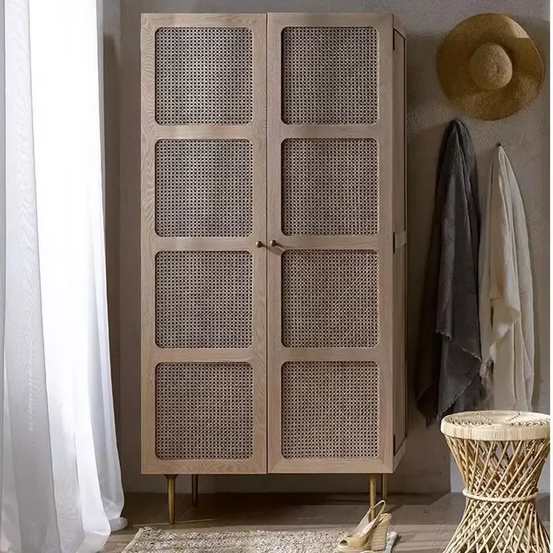 High Quality Oak Wooden Rattan Wardrobe Clothes Organizer Cabinet Bedroom Furniture