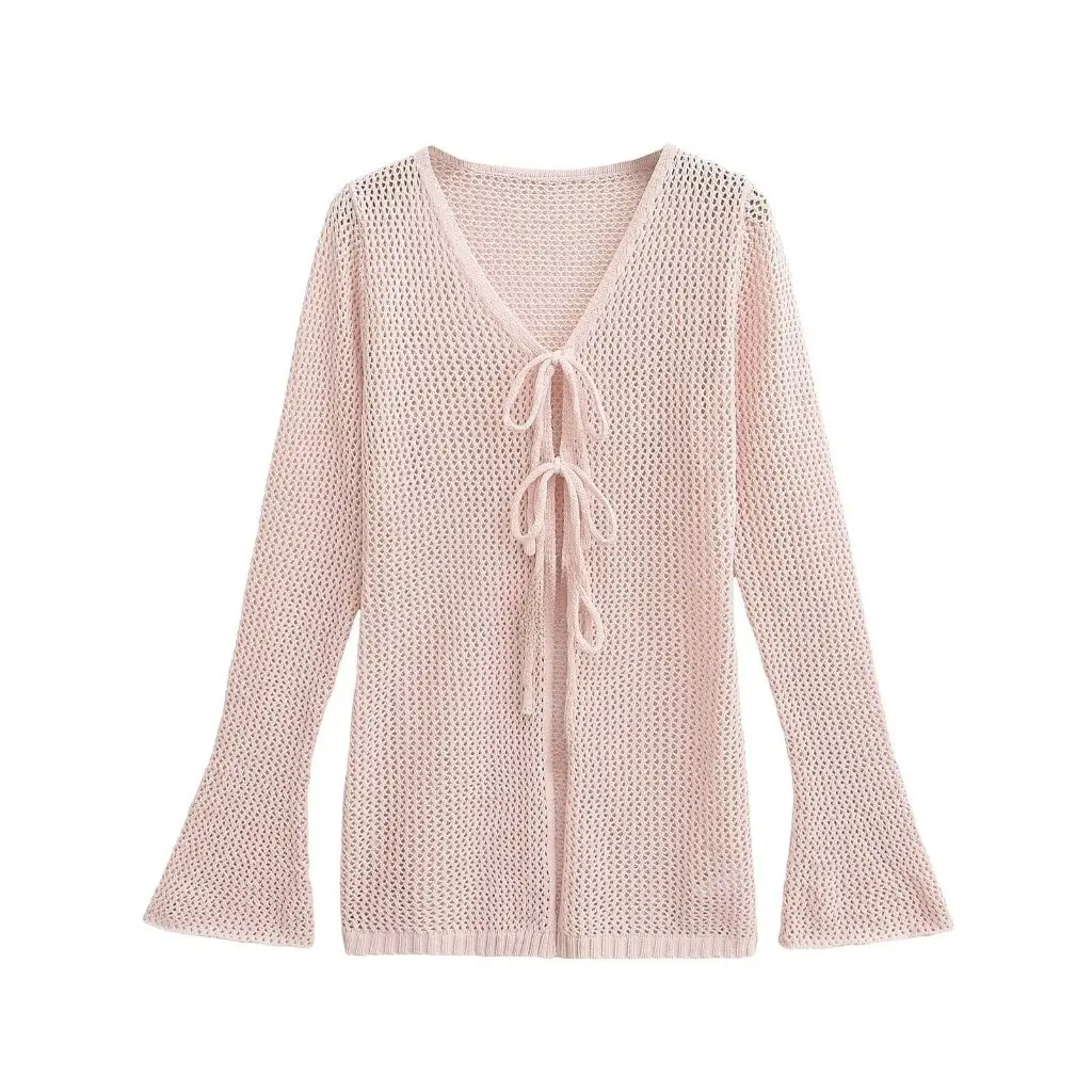 

Women's Hollow Knitted Long-Sleeved V-Neck Sun-Protective Shirt Thin Lace-Up Blouse Cardigan Top for Summer