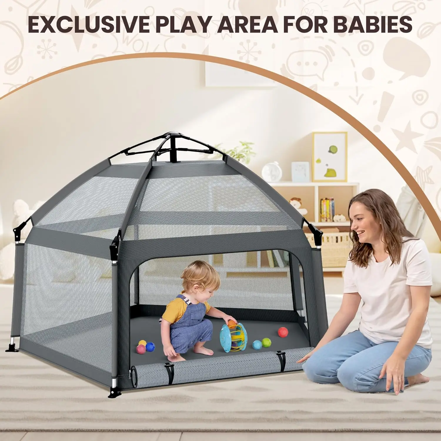 Babybox met zelfopblazende speelmat en reistas, draagbare buitenbox voor baby's en peuters, opvouwbare pop-up speelbox