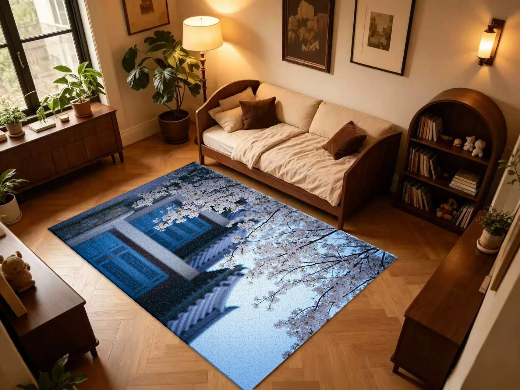 White Cherry Blossom Traditional Building Carpet Flooring, Oriental Scenery Non-Slip Area Rug for Living Room Bedroom Home Decoration
