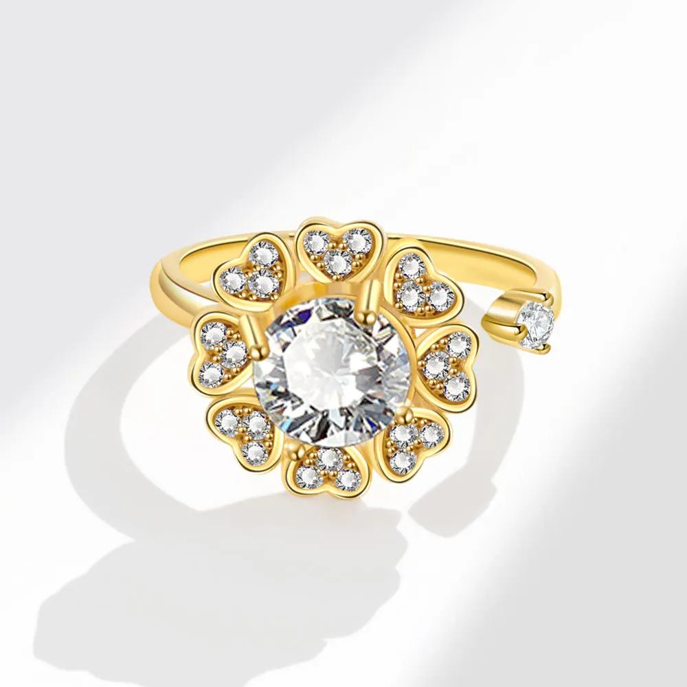 Love Heart Gold Crystal Rotating Ring Anti-Stress Anxiety Relief Couple Wedding Spin Freely for Stress Relief anillo ajustable view 4