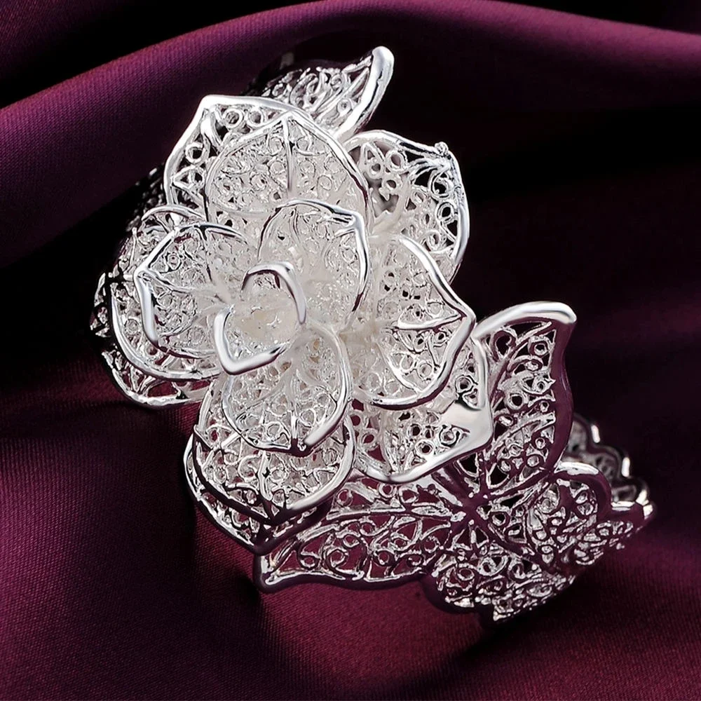 Special offer 925 sterling Silver big flower bangle bracelet earrings Jewelry set for women fashion party wedding  Gift