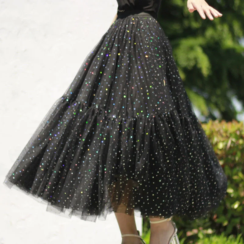 IHOBBY 4 Layer Fairy Sequins Tulle Long Black Skirt Big Swing Mesh Patchwork A Line Girls Long Skirts