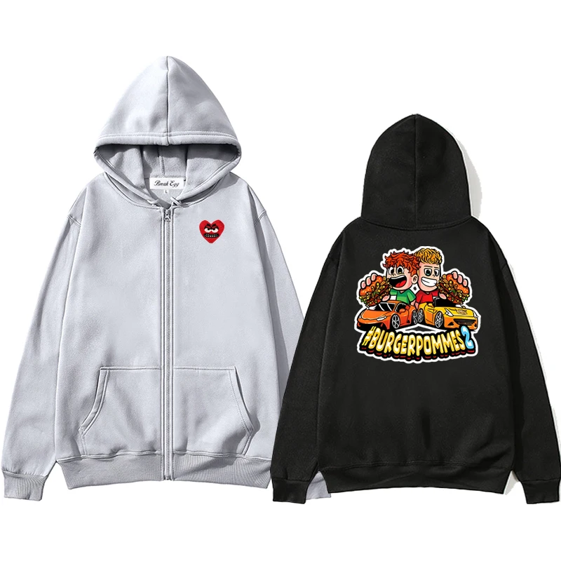 

Burgerpommes 2 Icrimax Graphic Men Women Zipper Hoodie Cool Snag Heart Embroidery Polyester Pocket Loose Thin Autumn Sweater