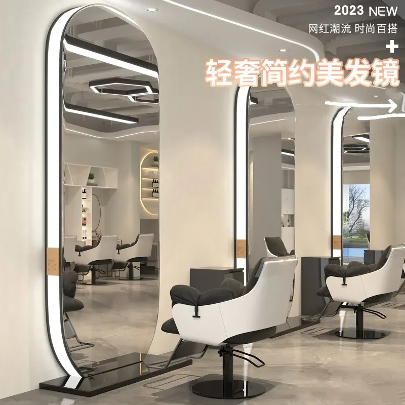 Mirror Desk Hairdresser,Perm and Dyeing Area,Stainless Steel Barber Shop,Floor-to-ceiling Mirror, Hair Salon Special with Lights