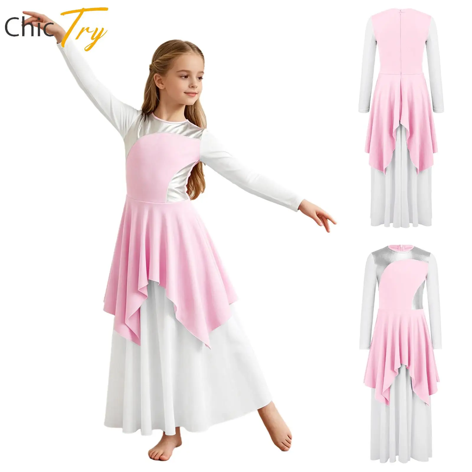 Kids Girls Metallic Ballet Lyrical Praise Dance Long Dress Liturgical Worship Color Block Church Maxi Robe Dresses Dancewear