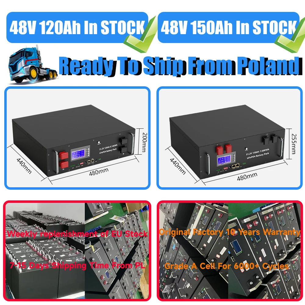 EU Stock 48V 300Ah LiFePO4 Battery Pack Active Equalizer 15Kwh 100Ah 120Ah 200Ah 150Ah 6000 Cycles RS485 CAN Home Energy Storage