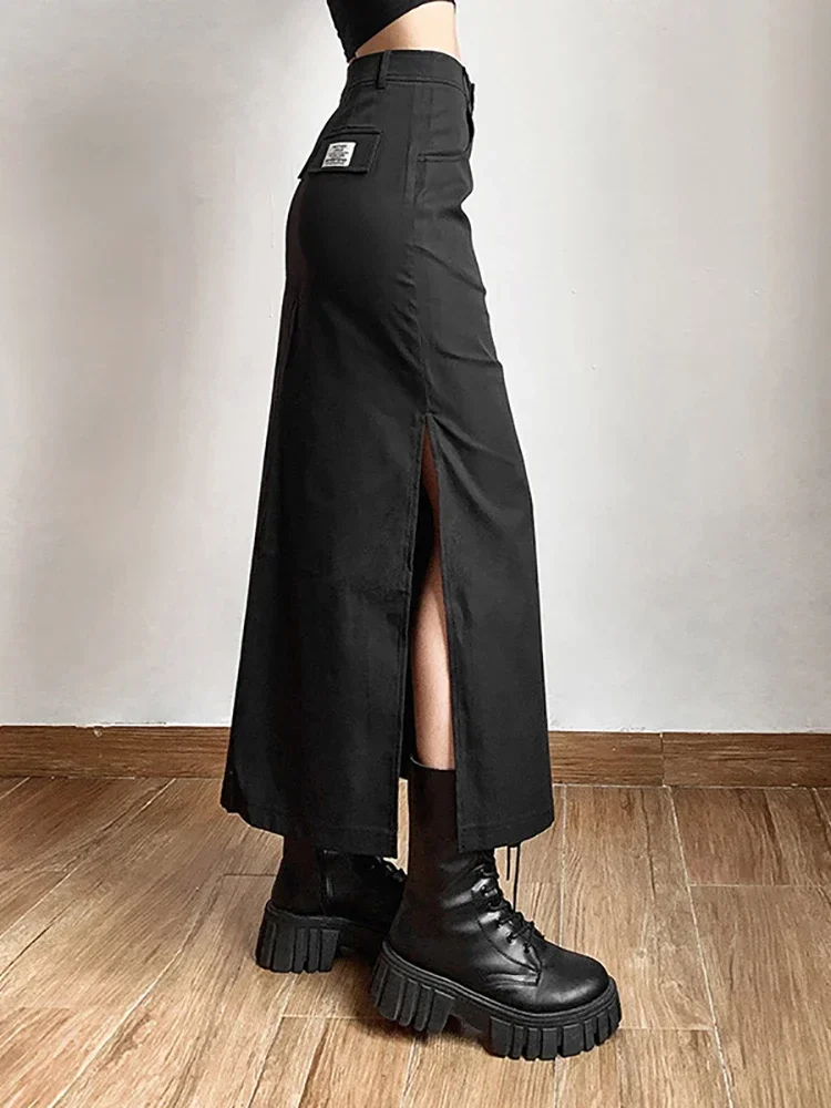 Goth Dark Grunge Casual Tag Split Women Midi Skirts Mall Gothic Punk High Raise Slim Long Skirt Y2k Sexy Fashion Streetwear 2023