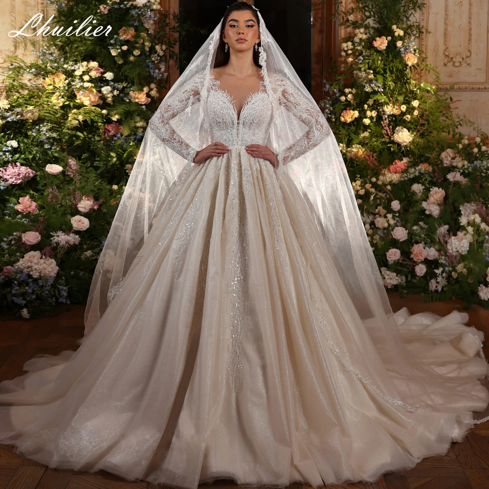 

Lhuilier A Line Beaded Lace Wedding Dresses Luxury Long Sleeves Shiny Bridal Gowns with Chapel Train