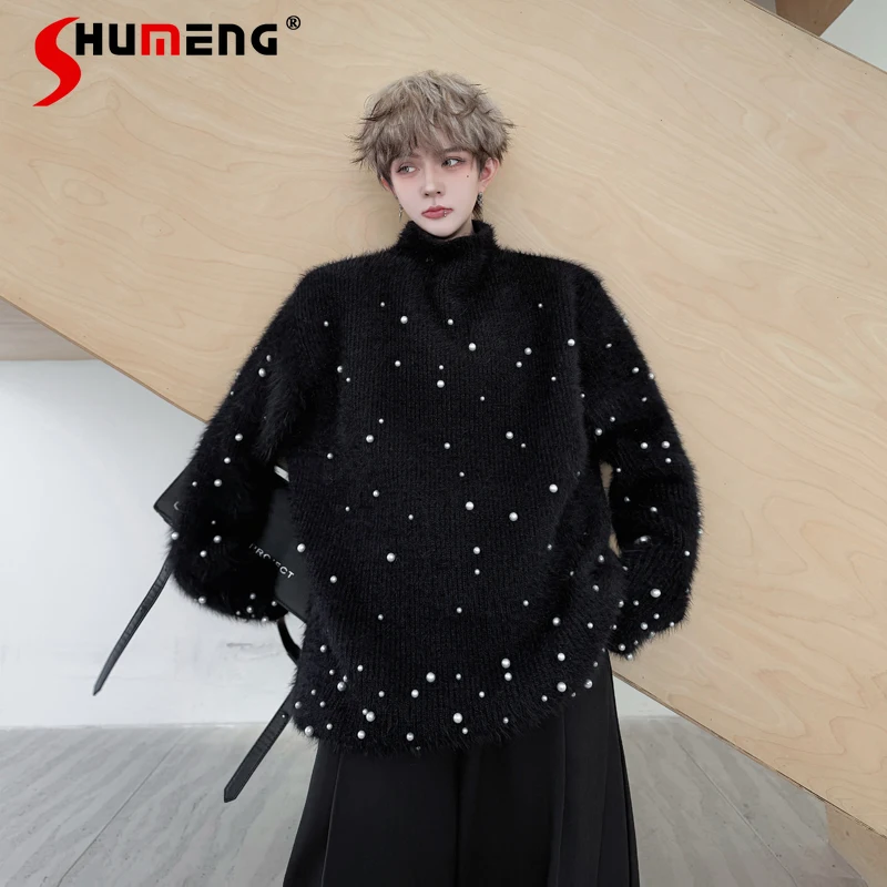 

Мужские пуловеры на осень-зиму 2025 года, однотонный пуловер с воротником-стойкой, свитер, мужские толстые вязаные свитера с украшением из бисера