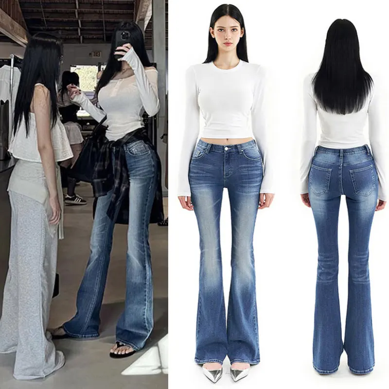 

Women Flare Stretch Moustache Jeans Fashion Skinny Bell Bottom High Waist Gray Denim Pants Lady Classic Y2K Punk Long Trousers