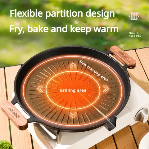 Zackoo 32cm Korean BBQ Grill Pan Non-stick Bakeware with Wooden Anti-scald Handle Open Flame Induction Cooker Barbecue Dish
