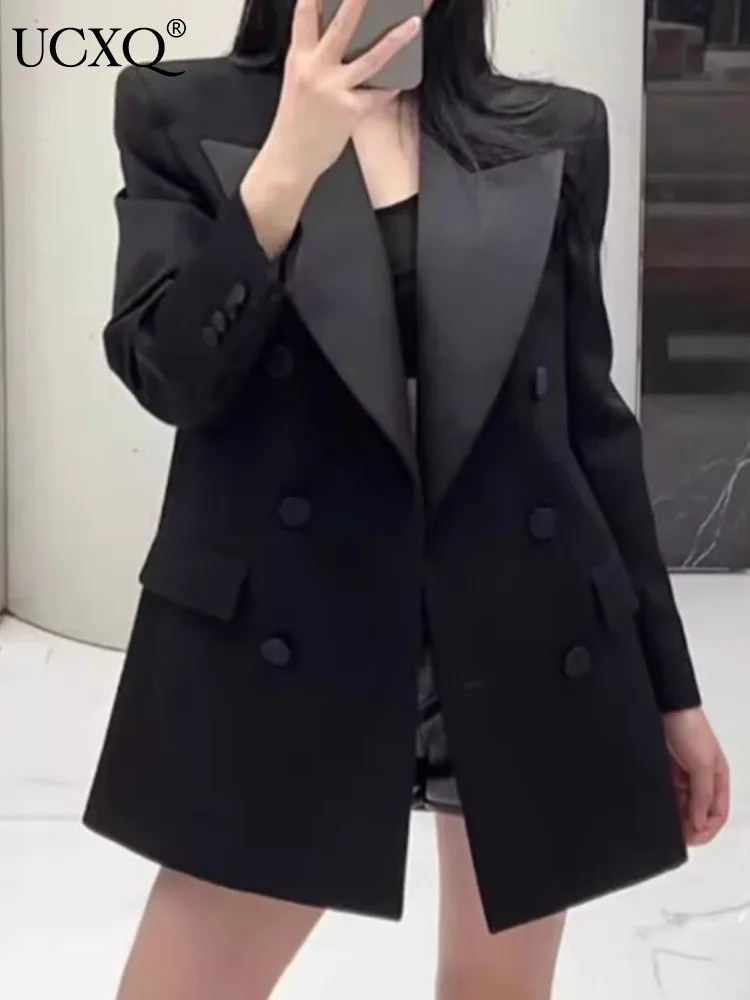 UCXQ Elegant Blazer Coat European Style Lapel Double Breasted Black All Match Mid Length Jacket Women 2024 Spring Autumn 23C1457