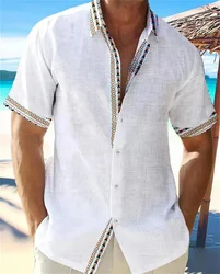 Fashion men's Hawaiian beach short sleeved linen shirt Men's casual ethnic print Plus size cardigan Solid color shirt Summer