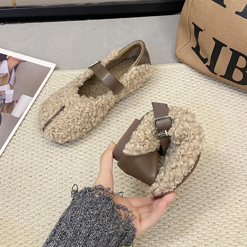 

Shoes Woman Flats Loafers Fur Round Toe Autumn Casual Dress Moccasin Fall Winter Leisure Buckle Flock Rubb