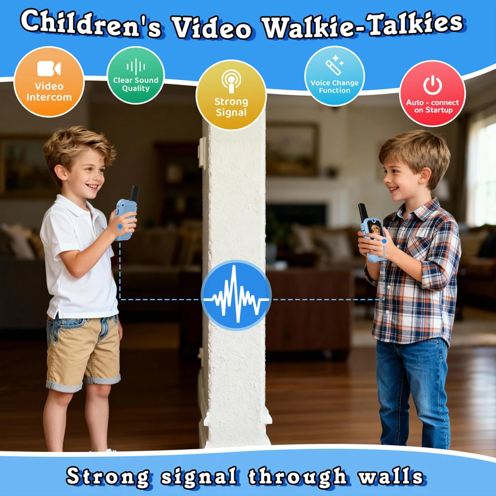 أجهزة اتصال لاسلكية بالفيديو للأطفال - عبوتان من أجهزة اتصال داخلي عبر الفيديو قابلة لإعادة الشحن للأطفال مع مغير صوتي، نطاق طويل 1000 قدم
