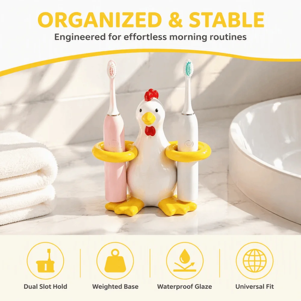 Chicken Shaped Electric Toothbrush Holder Ceramic 2 Slot Toothpaste Toothbrush Rack Space-Saving Non Slip