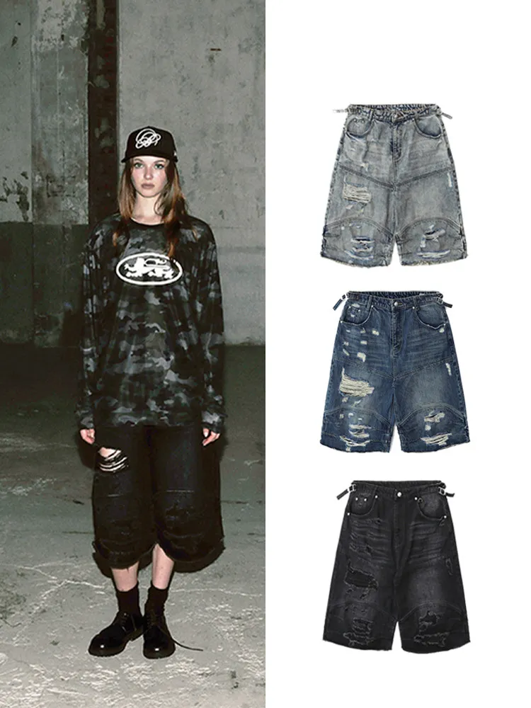 

Retro American Hole Denim Jeans Women's Street Casual Washed Wide Leg Five Parts Loose Trendy Jeans Natural Waist Zipper